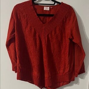 Red Boho Embroidered 100% Cotton Blouse Top
